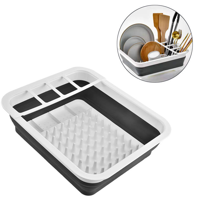 Collapsible Dish Drainer with Drainer Board Space Saving Kitchen Storage Tray -Gray