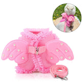 Adorable Pet Dog Harness and Leash Set with Lace Artificial Pearl Angel Wing-Pink