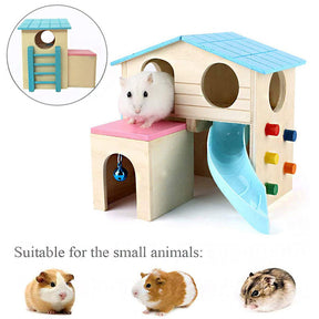 Small Animal Wooden Hideout Hamster House with Slide-Blue