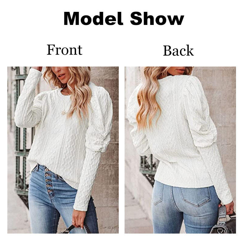 Womens Long Sleeve Sweaters Solid Color Jacquard Weave Round Neck Knit Tops-White