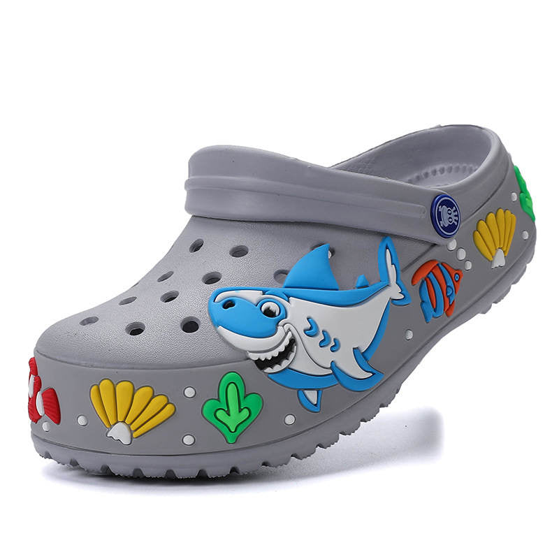 Girls Boys Lightweight Cartoon Shark Non-slip Sandals Beach Pool Shower Slippers-Grey