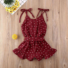 Baby Girl Clothes Self Tie Sleeveless Romper Heart Shape Print Jumpsuit-WineRed