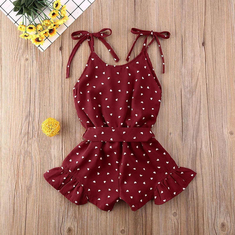 Baby Girl Clothes Self Tie Sleeveless Romper Heart Shape Print Jumpsuit-WineRed