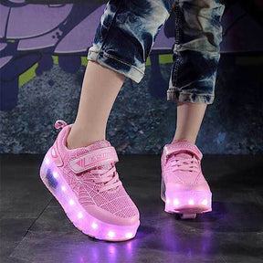 Double Wheel Roller Skate Shoes Light Up Sneakers for Boys Girls-Pink