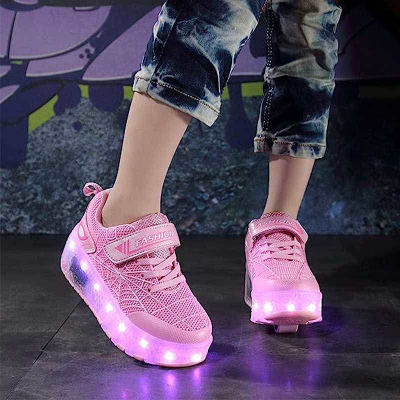Double Wheel Roller Skate Shoes Light Up Sneakers for Boys Girls-Pink