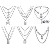 Set of 6 Punk Multilayer Pendants Necklace for Women Teen Girls-D