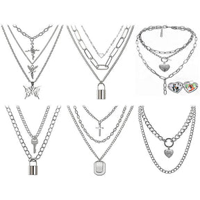 Set of 6 Punk Multilayer Pendants Necklace for Women Teen Girls-D