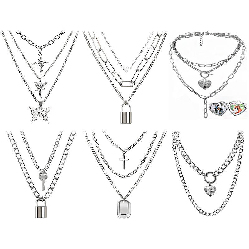 Set of 6 Punk Multilayer Pendants Necklace for Women Teen Girls-D