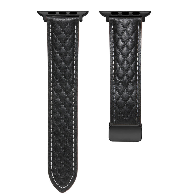 Vintage Leather Band Folding Buckle Replacement Strap for Apple Watch-Black
