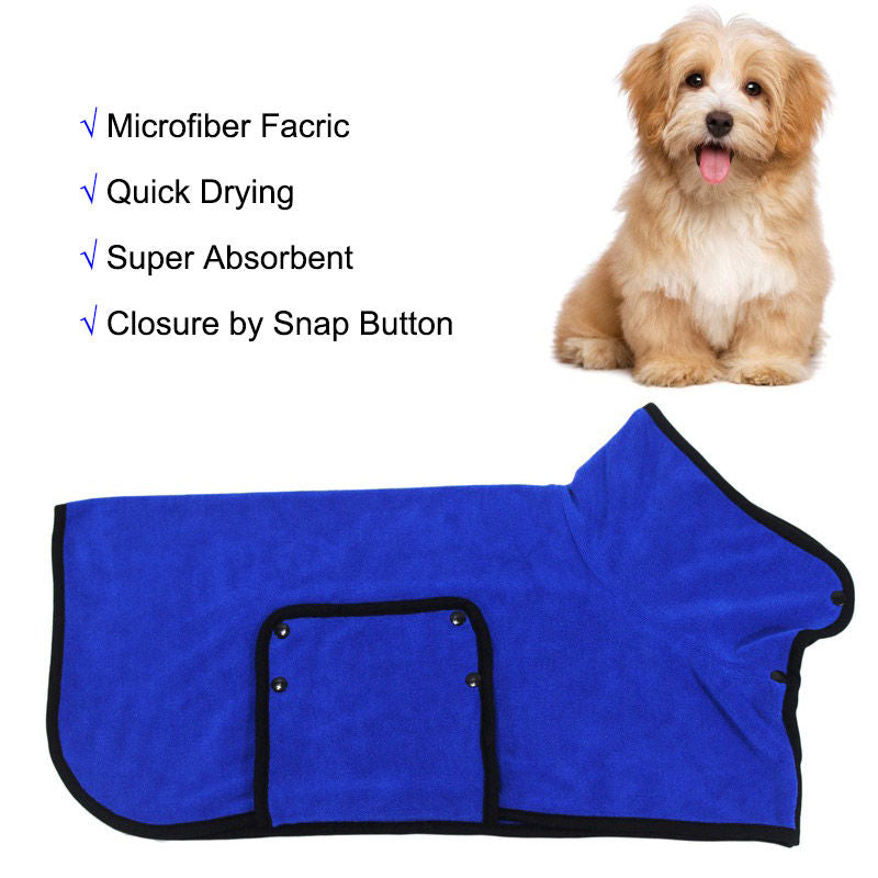 Dog Bathrobe Microfibre Fast Drying Pet Towel Adjustable Button Closure-Blue