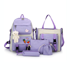 5Pcs Kawaii Backpack Set with Pendants Pins for School Teens-Purple