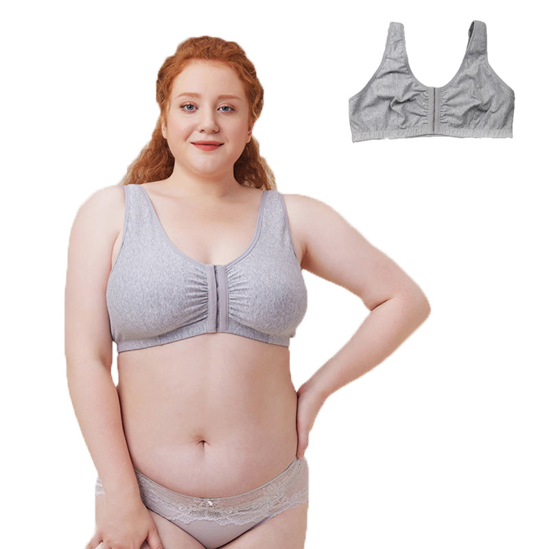 Womens Cotton Bra Front Closure Adjustable Wireless Underwear-Grey