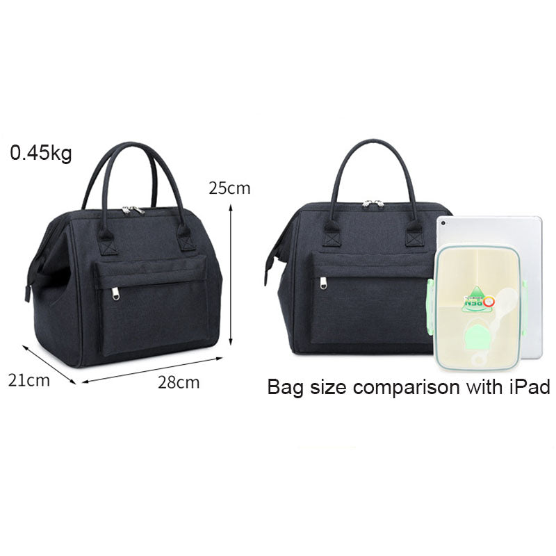 Large Capacity Bento Lunch Bag Simple Insulated Zipper Tote Bag-Black