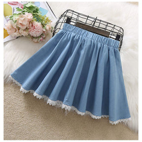 Girls Skater Skirt Denim Solid Color Bowknot Skirt with Lace Hem-LightBlue