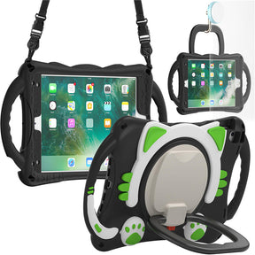 CatB Silicone Case For iPad Pro 9.7 inch Air1/2 Shockproof Shoulder Strap Handle Stand-Black Green