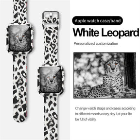 Silicone Printed Watch Band with Screen Protector Case for iWatch Series SE/6/5/4/3/2/1-WhiteLeopard