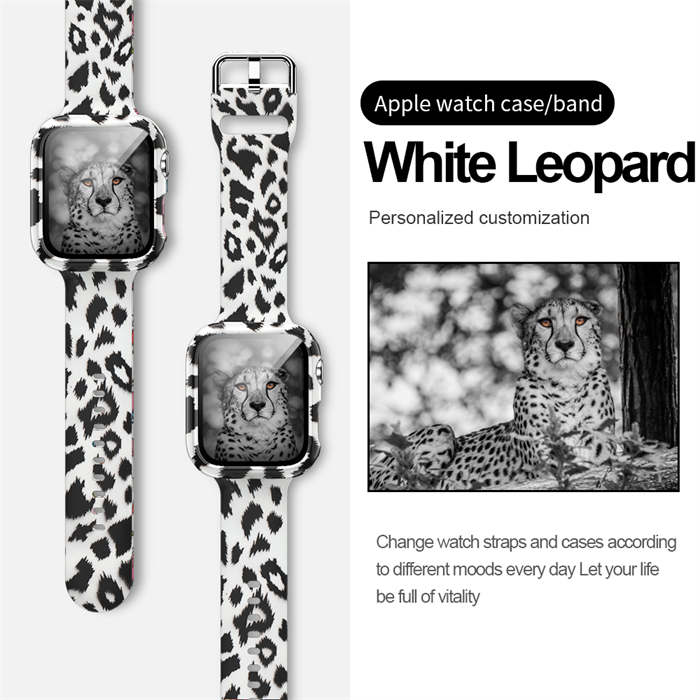 Silicone Printed Watch Band with Screen Protector Case for iWatch Series SE/6/5/4/3/2/1-WhiteLeopard