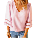 Womens V Neck 3/4 Sleeve Blouse Mesh Panel Shirt Solid Flowy Loose Top-Pink