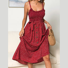 Womens Summer Suspenders Ruffle Polka-dot Printed Dress-Red