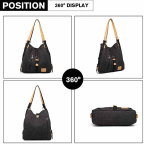 Women Canvas Bag Casual Backpack Vintage Shoulder Bag-Black