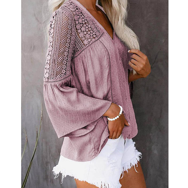 Womens V-neck Lace Crochet Shirt Flare Sleeve Buttoned Blouses-Pink