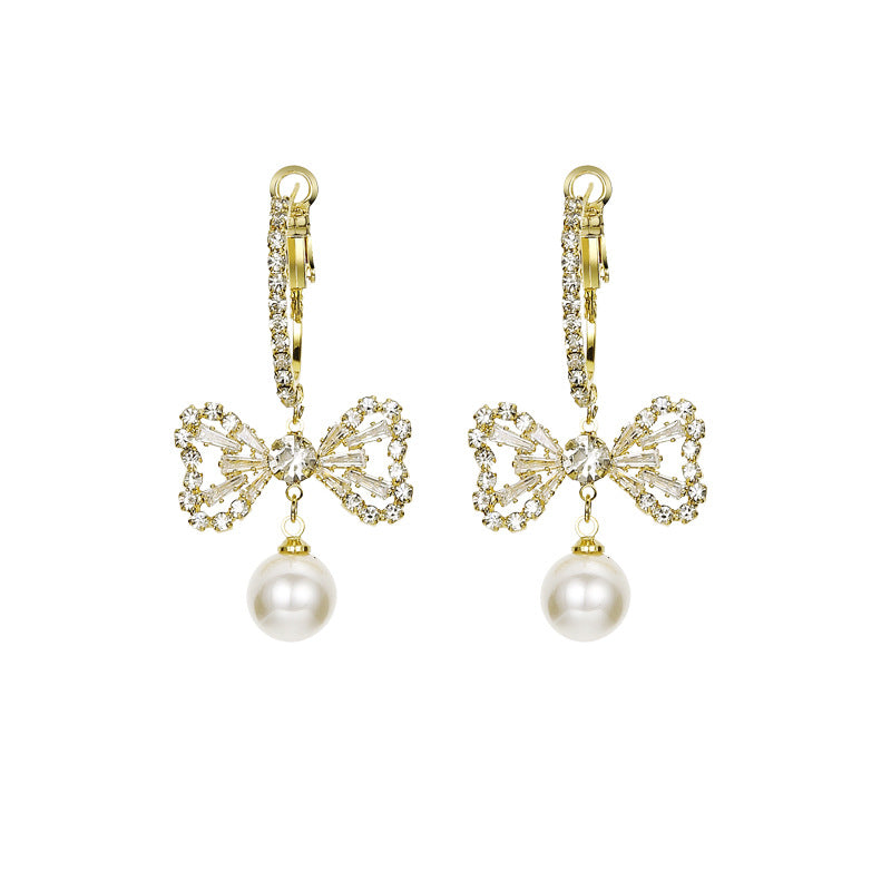 Pair Of Crystal Bow Earrings with Pearl Pendant for Women