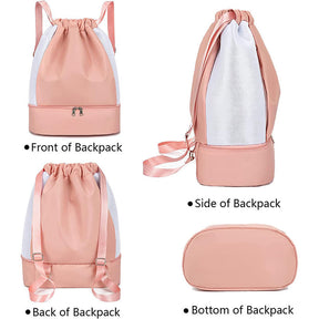 Womens Drawstring Bag Large Wet and Dry Separation Backpack-BlackGrid