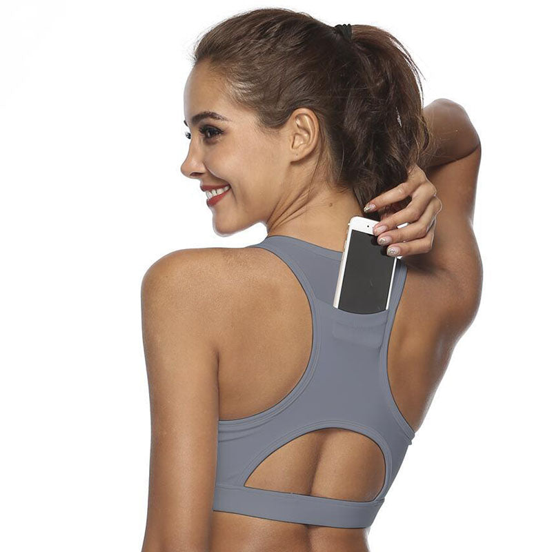Sports Bra with Back Pocket Medium Support Breathable Underwear-Grey