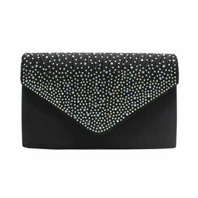 Ladies Frosted Satin Evening Clutch Rhinestones Crossbody Bag-Black