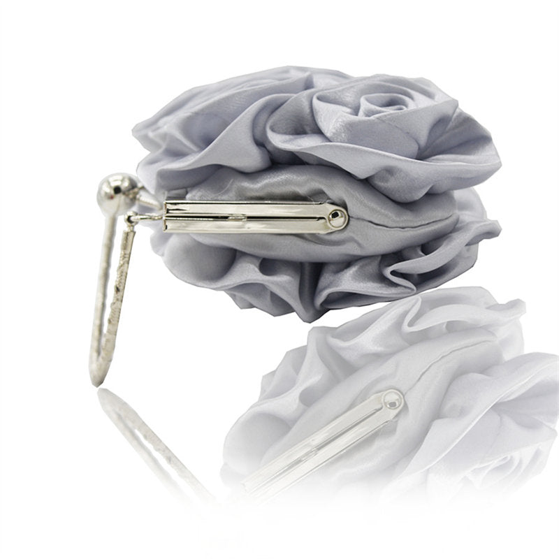 Roses Clutch Purse Satin Money Clip Evening Handbag-Silver