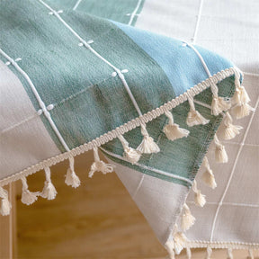 Embroidery Tassel Tablecloth Cotton Linen Dust-Proof Table Cover for Party Home Tabletop Decoration-GreenBlue