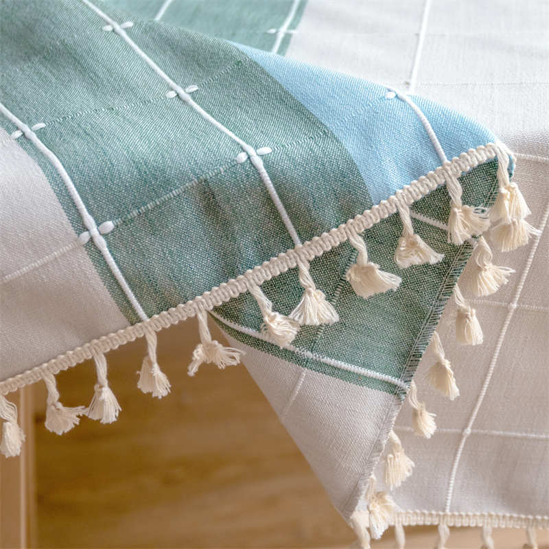 Embroidery Tassel Tablecloth Cotton Linen Dust-Proof Table Cover for Party Home Tabletop Decoration-GreenBlue