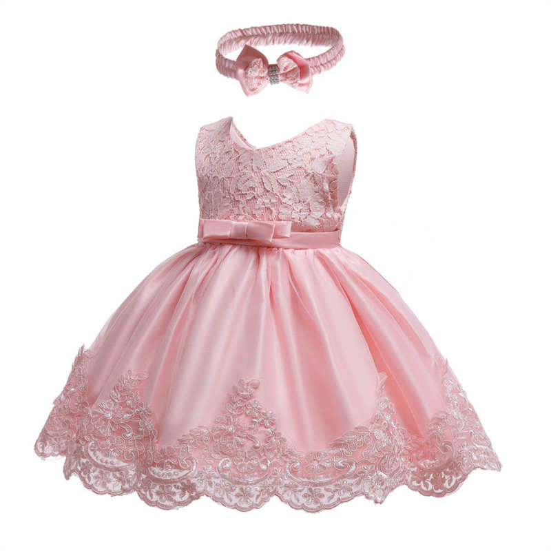 2-6T Little Girl Bowknot Lace Dress Party Wedding Dresses with Headwear-Pink