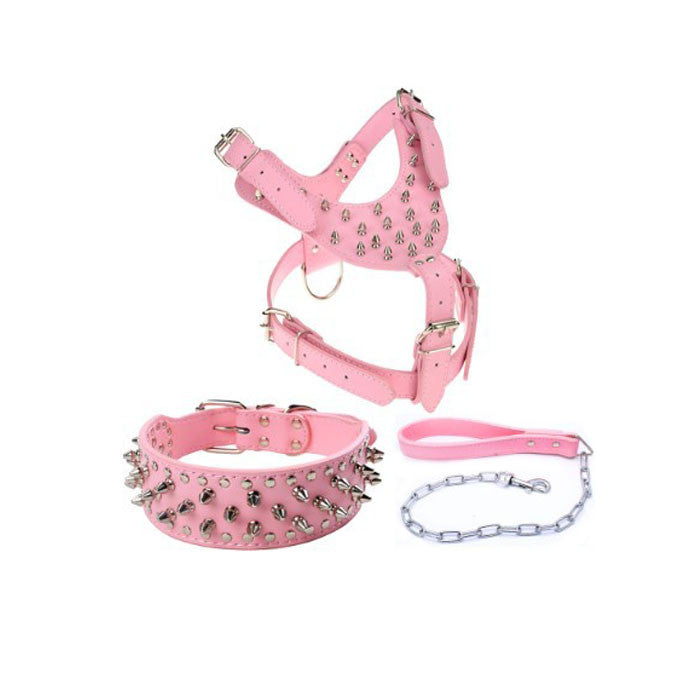 Pet Leash Collar Harness Three-piece Set Anti-bite Rivets-Pink