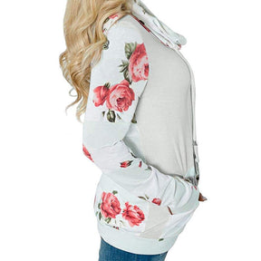 Womens Striped Floral Stack Neck Sweatshirt with Pockets-Gray