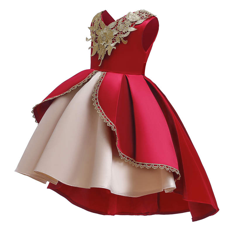 2-9 Years Flower Girls Dress Wedding Party Embroidered Dress-RedGold