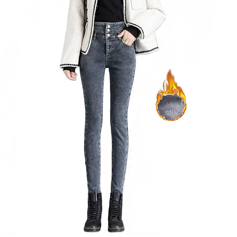 Womens Fleece Jeans Stretch Slim Fit High Waist Denim Pants-Grey Blue