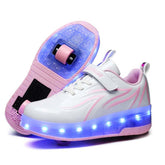 Double Wheel Roller Skate Shoes Light Up Sneakers for Boys Girls-Pink White