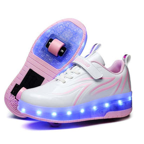Double Wheel Roller Skate Shoes Light Up Sneakers for Boys Girls-Pink White