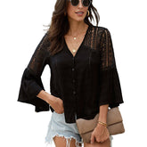 Womens V-neck Lace Crochet Shirt Flare Sleeve Buttoned Blouses-Black