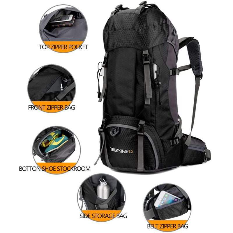 60L Waterproof Lightweight Hiking Backpack with Rain Cover for Climbing Camping-Black