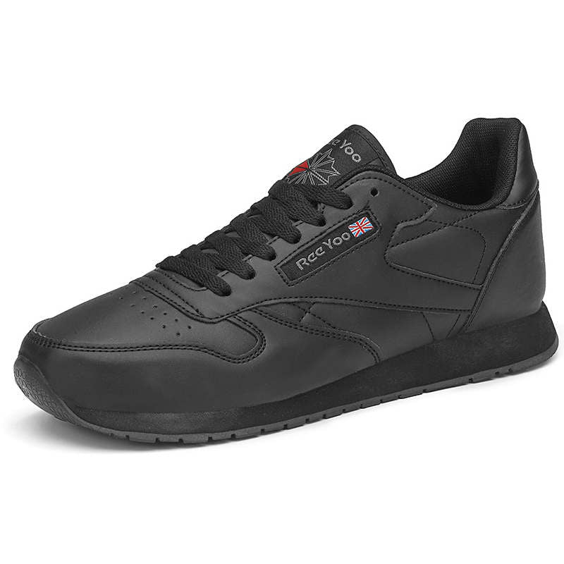 Couples Leather Sneakers Lace up Lightweight Cushioned Sport Shoes-Black