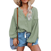 Womens Deep V Neck Lantern Sleeve Blouse Button Down Pullover Tops-Pea Green