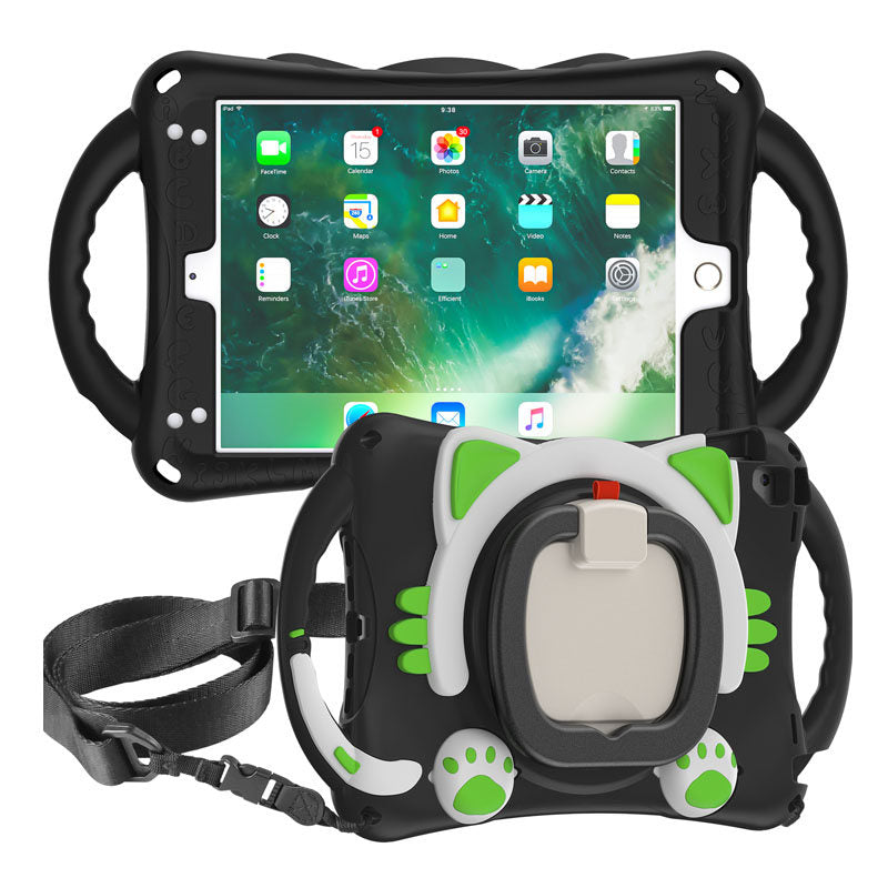 CatB Silicone Case For iPad Pro 9.7 inch Air1/2 Shockproof Shoulder Strap Handle Stand-Black Green