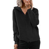 Womens Zip Up Lapel Knit Cardigan Sweaters V Neck Long Sleeve-Black