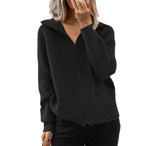 Womens Zip Up Lapel Knit Cardigan Sweaters V Neck Long Sleeve-Black