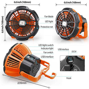 Protable Camping Fan for Tents with LED Light Remote Control Power Bank for Outdoors
