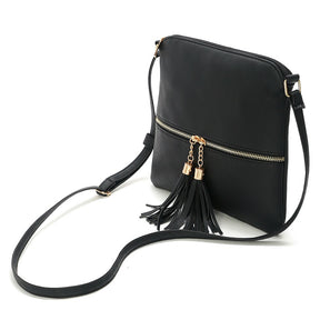 Lightweight Medium Crossbody Bag with Tassel-Black