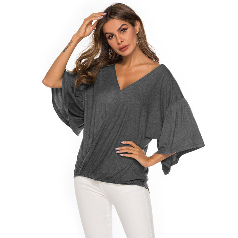 Womens Summer Ruffle Sleeve V-Neck T-Shirt Knot Tops-Grey