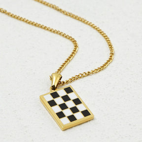 Black and White Checkerboard Rectangle Necklace Titanium Steel Pendant Sweet Cool Girl Jewelry